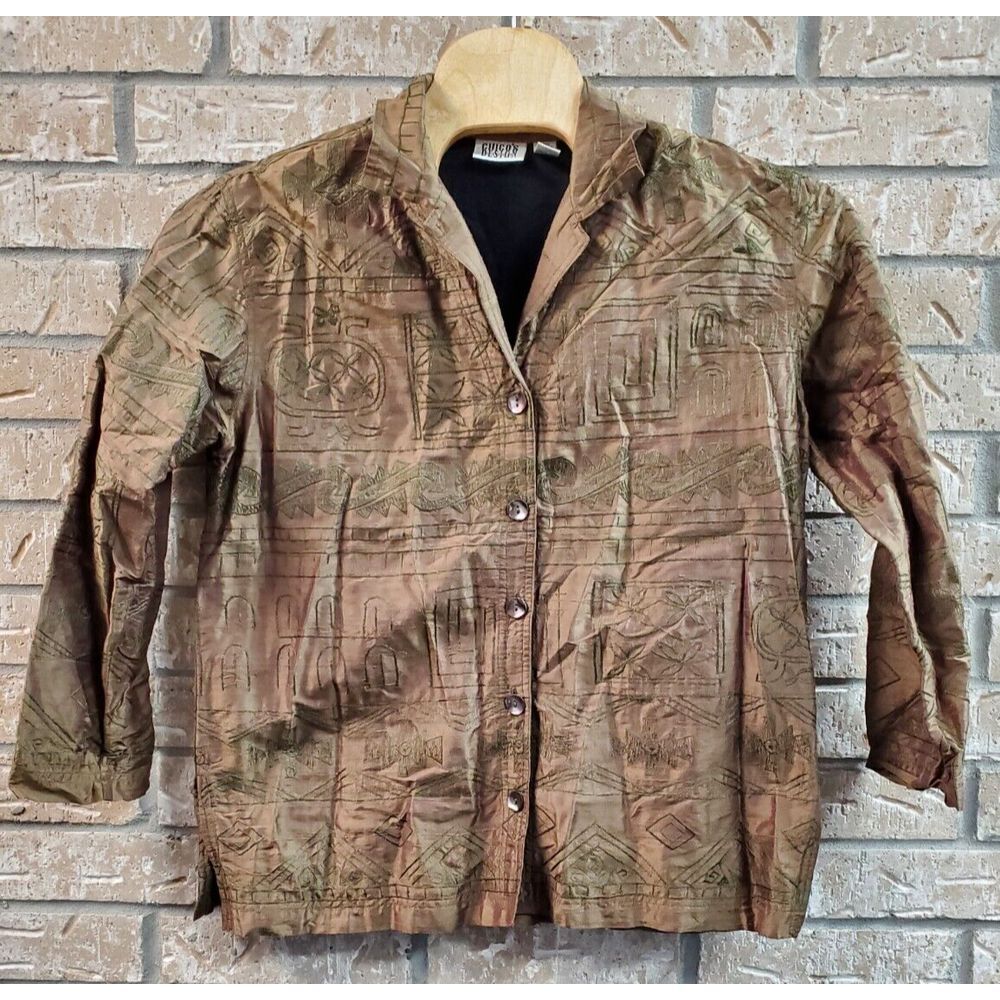 Chicos Design Silk Geometric Floral Top Jacket‎ Womens Size 12 Embroidered